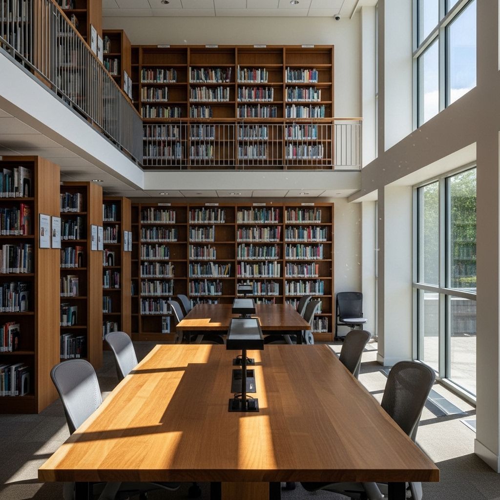 Bibliothèque moderne et lumineuse avec des étagères de livres bien organisées, table de lecture en bois naturel, lumière naturelle filtrée par une grande fenêtre, ambiance studieuse et sérieuse