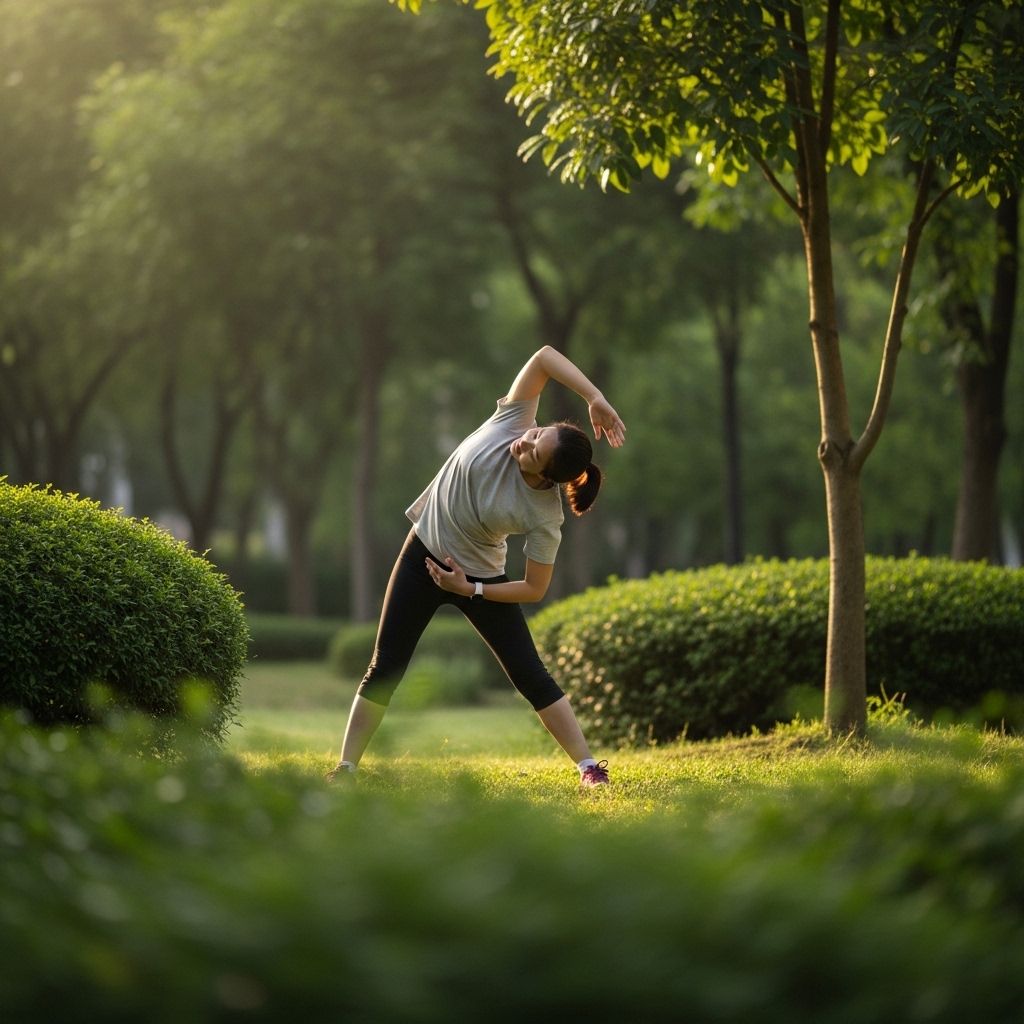 Personne pratiquant des étirements matinaux dans un parc calme, vêtements sportifs sobres, lumière naturelle douce, fond de végétation verte et apaisante