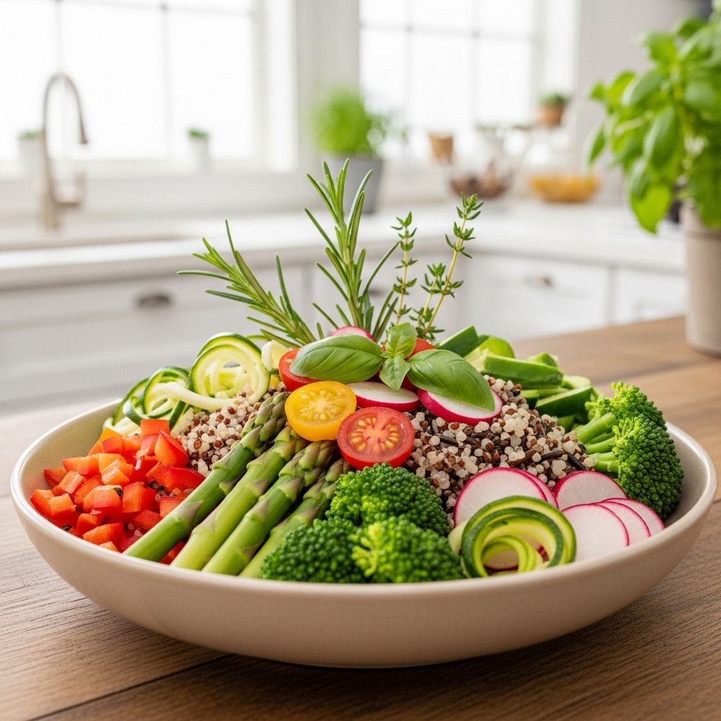 Plat coloré de légumes frais, céréales complètes et herbes aromatiques soigneusement disposés dans un bol en céramique beige, fond de cuisine naturelle lumineuse