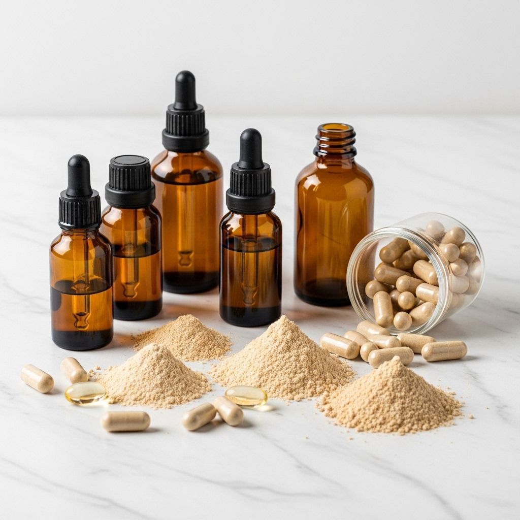 Collection de flacons en verre ambré, capsules de gélatine transparentes et poudres naturelles beiges sur une surface en marbre blanc, représentation neutre et épurée des compléments alimentaires
