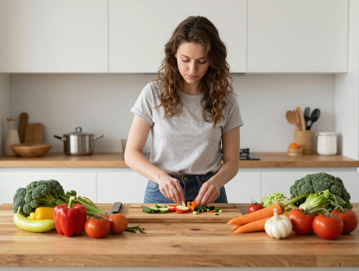 Femme préparant un repas sain dans une cuisine lumineuse, légumes frais colorés sur le plan de travail en bois, ambiance domestique chaleureuse et naturelle