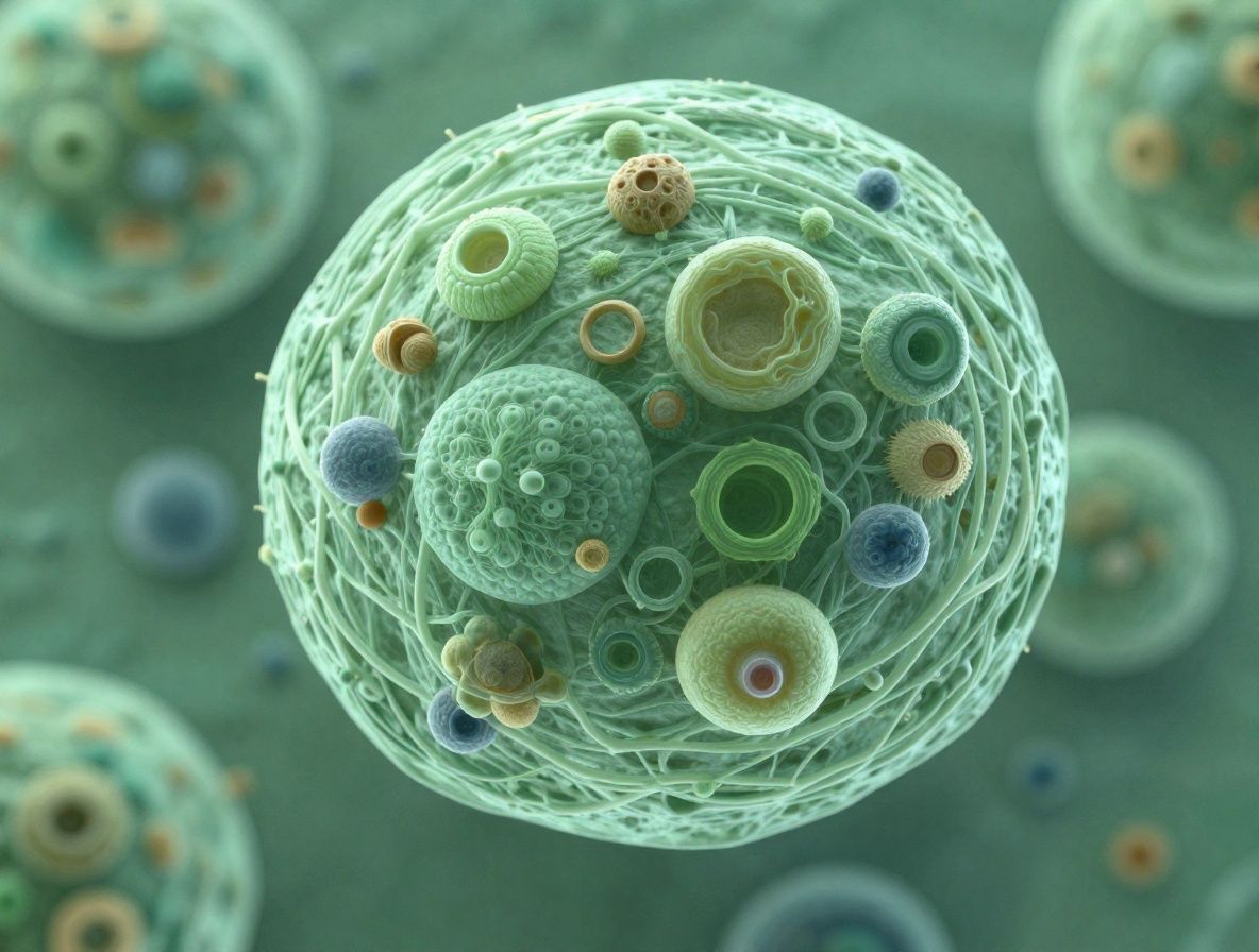 Vue macro de cellules biologiques représentées de manière conceptuelle avec des structures organiques complexes, tons verts et bleus évoquant les processus naturels du métabolisme